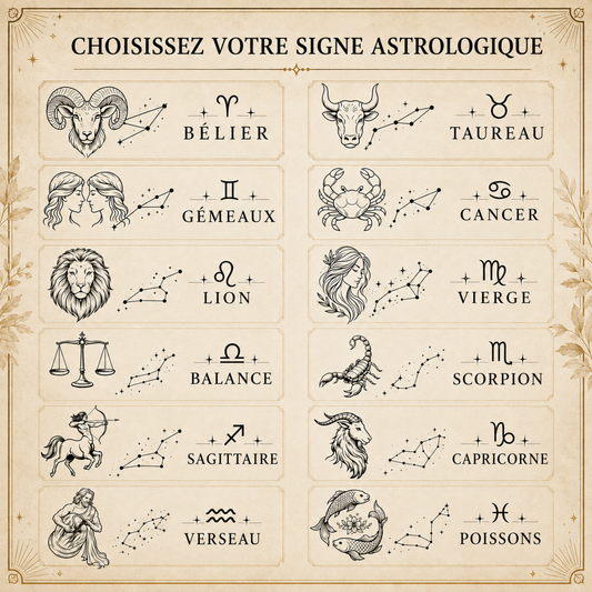 Les 12 signes du zodiaque gravables sur le coffret : Bélier, Taureau, Gémeaux, Cancer, Lion, Vierge, Balance, Scorpion, Sagittaire, Capricorne, Verseau, Poissons – Weastyle Gravure