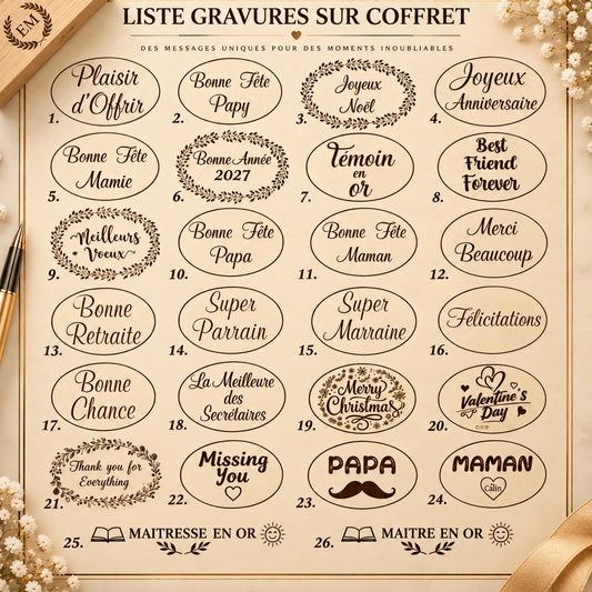 Liste des 26 modèles de gravure du coffret : Plaisir d'Offrir, Joyeux Anniversaire, Joyeux Noël, Bonne Année 2027, Bonne Retraite, Témoin en or, Maîtresse en or et autres – Weastyle Gravure