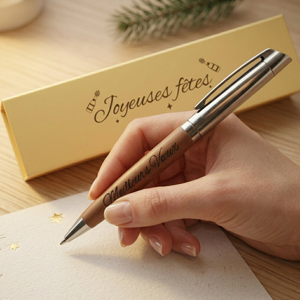 Main écrivant avec un stylo en bois gravé « Meilleurs Vœux », coffret doré gravé « Joyeuses fêtes » – Weastyle Gravure