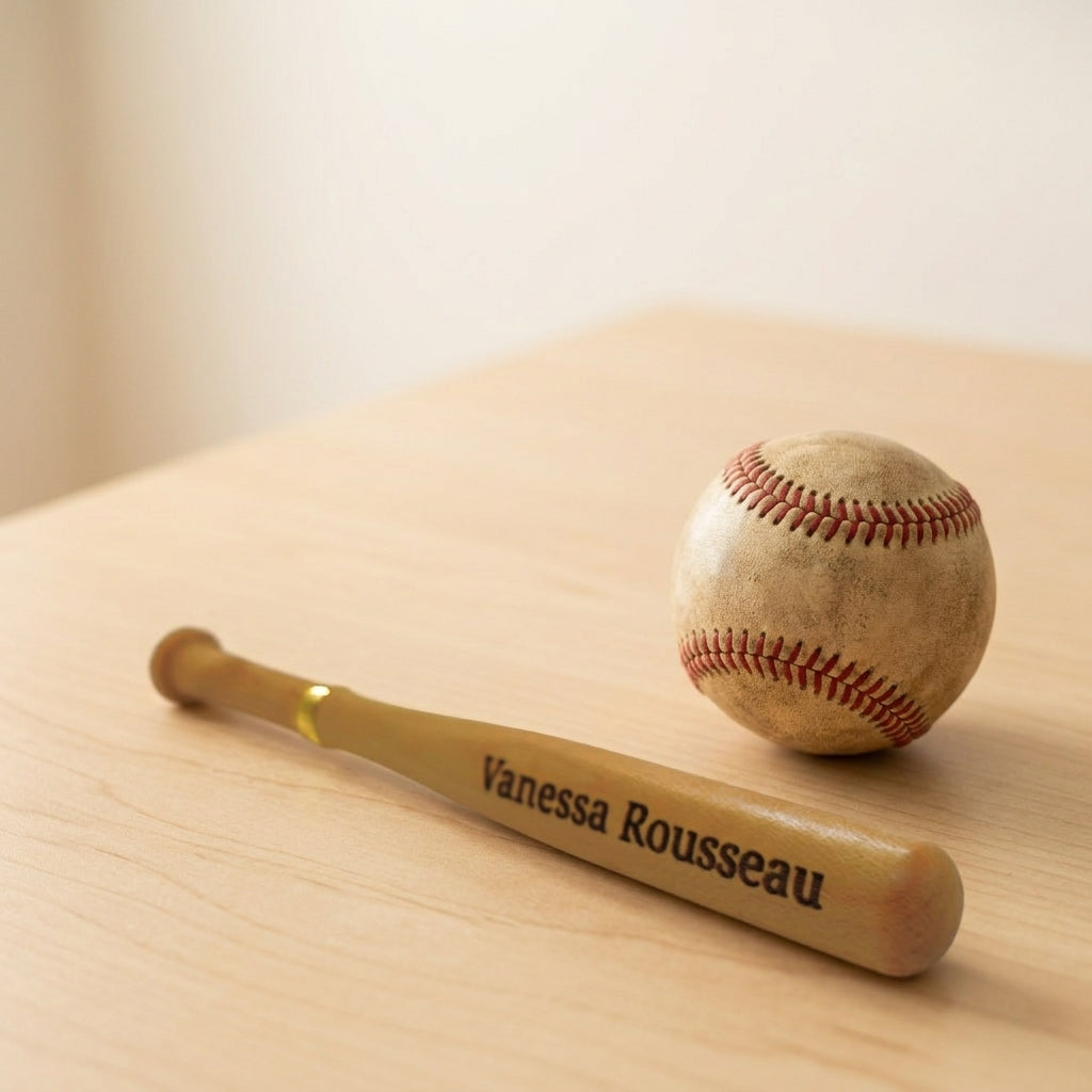 Stylo batte de baseball en bois d'érable gravé « Vanessa Rousseau », posé sur une table en bois à côté d'une balle de baseball – Weastyle Gravure