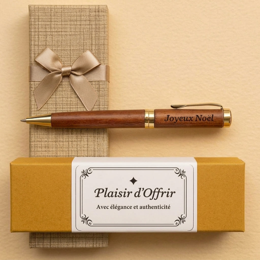 Stylo en bois massif gravé « Joyeux Noël » posé sur un coffret texturé à nœud satiné, avec un second coffret à bandeau « Plaisir d'Offrir » – Weastyle Gravure