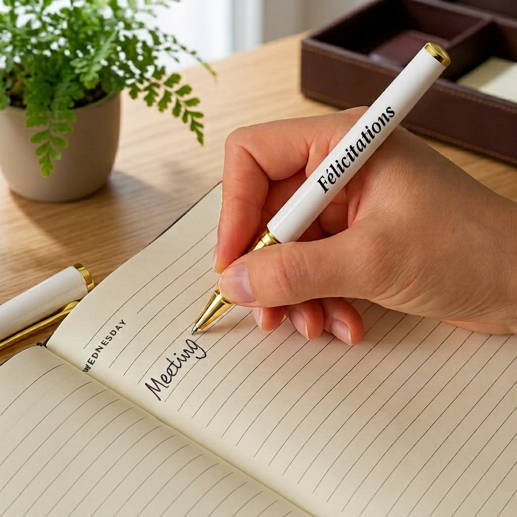 Main qui écrit dans un carnet ligné avec un stylo blanc à finitions dorées gravé « Félicitations » – Weastyle Gravure