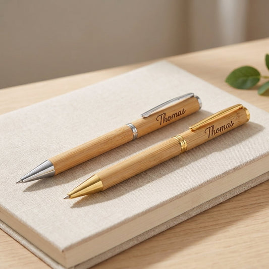 Deux stylos en bois gravés « Thomas », l'un à clip acier et l'autre à clip doré, posés sur un carnet en lin – Weastyle Gravure