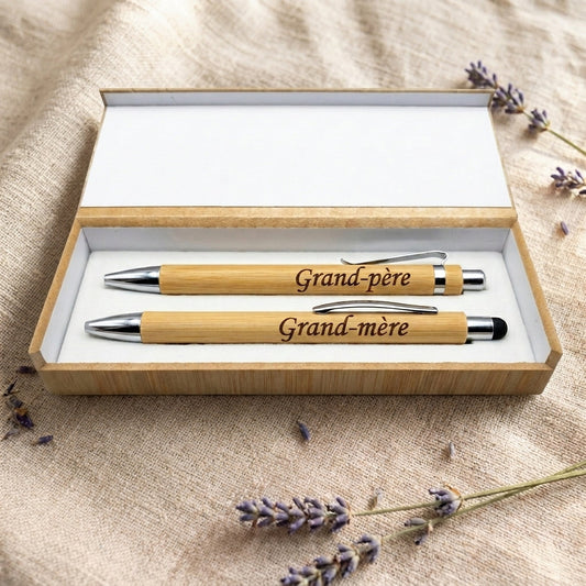 Coffret duo en bambou avec stylo gravé « Grand-mère » et porte-mine gravé « Grand-père » – cadeau papy et mamie Weastyle Gravure