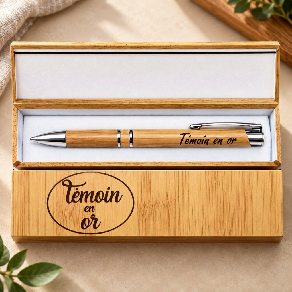 Coffret stylo bambou et stylo gravés « Témoin en or » – cadeau témoin de mariage Weastyle Gravure