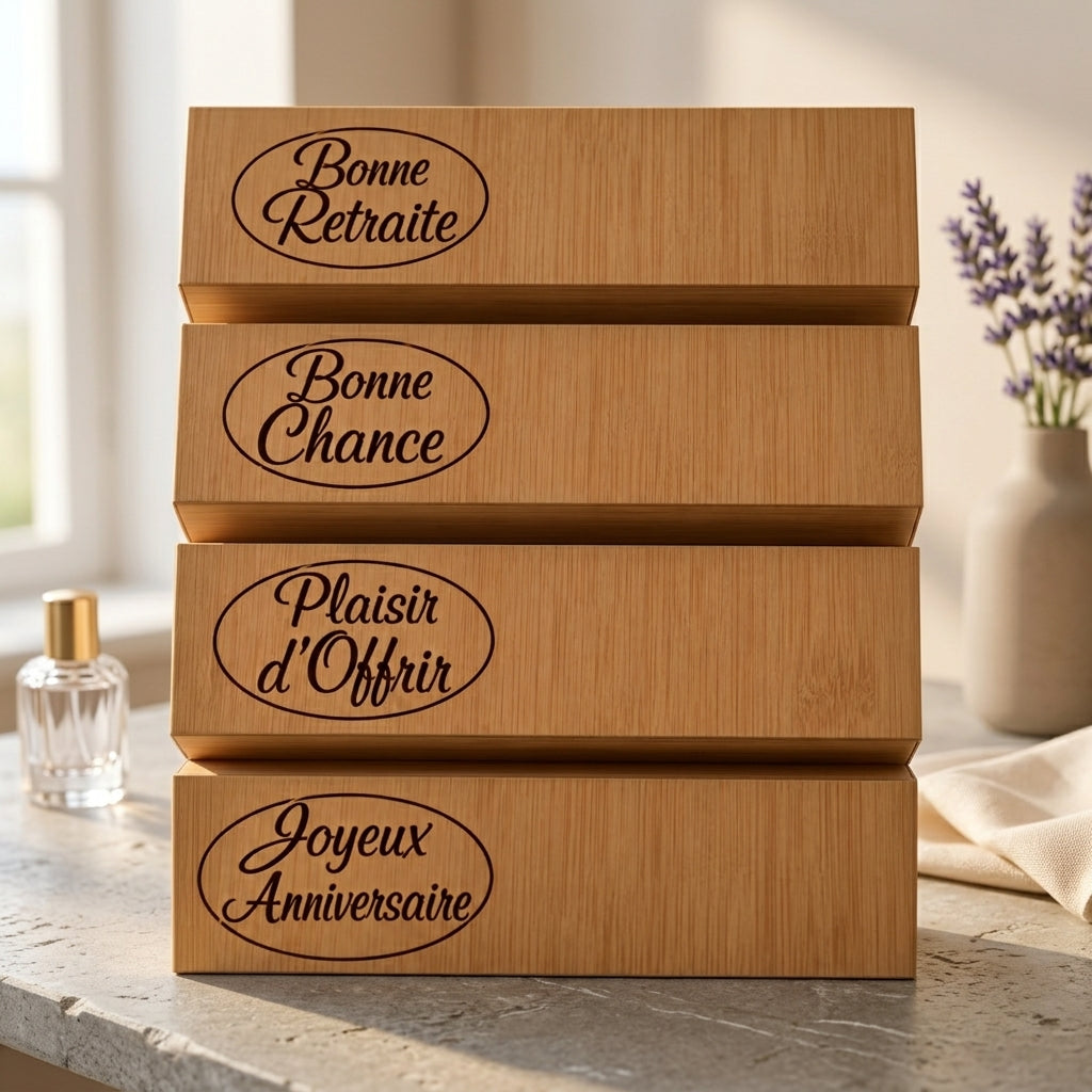 Coffrets stylo en bambou gravés « Bonne Retraite », « Bonne Chance » et « Plaisir d'Offrir » – idée cadeau retraite Weastyle Gravure