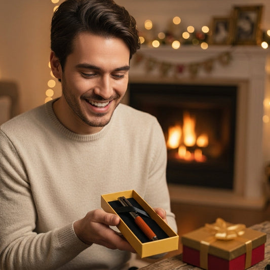 Homme souriant ouvrant un coffret stylo premium gravé devant la cheminée à Noël – cadeau de Noël et d'entreprise Weastyle Gravure
