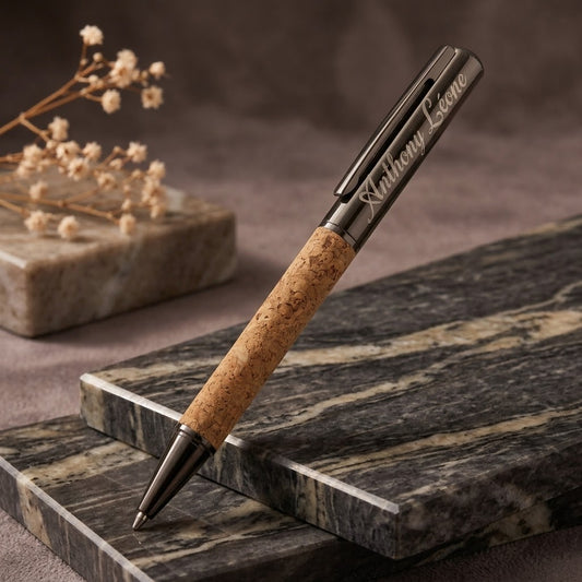 Stylo personnalisé en liège et acier gun gravé au prénom, Weastyle Gravure