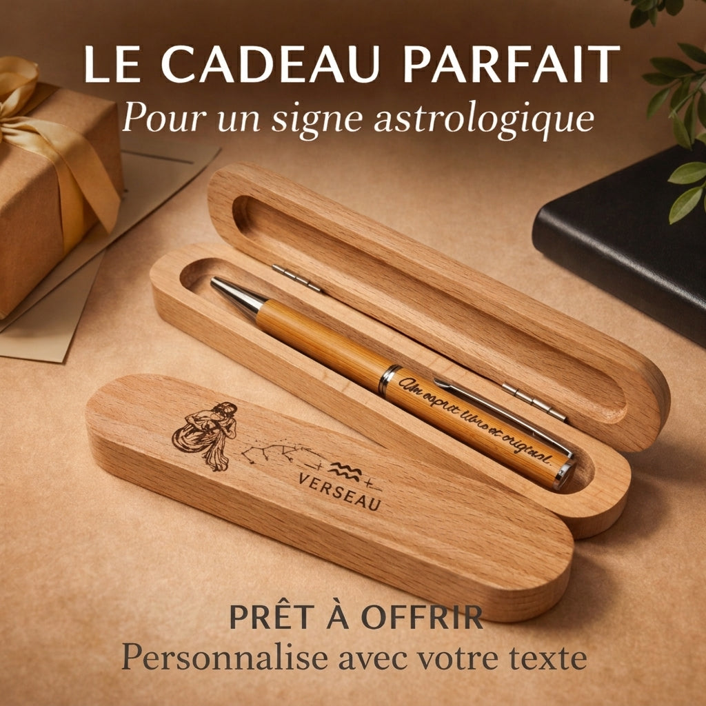 Coffret stylo astrologique en bois ouvert, gravé d'un signe du zodiaque, avec son stylo en bois, prêt à offrir – Weastyle Gravure