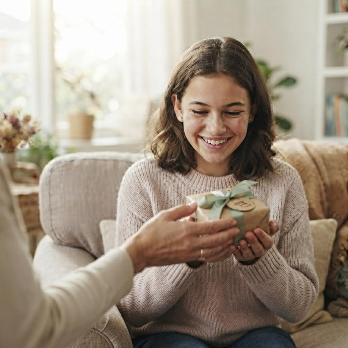 Jeune femme souriante recevant un cadeau emballé – Weastyle Gravure