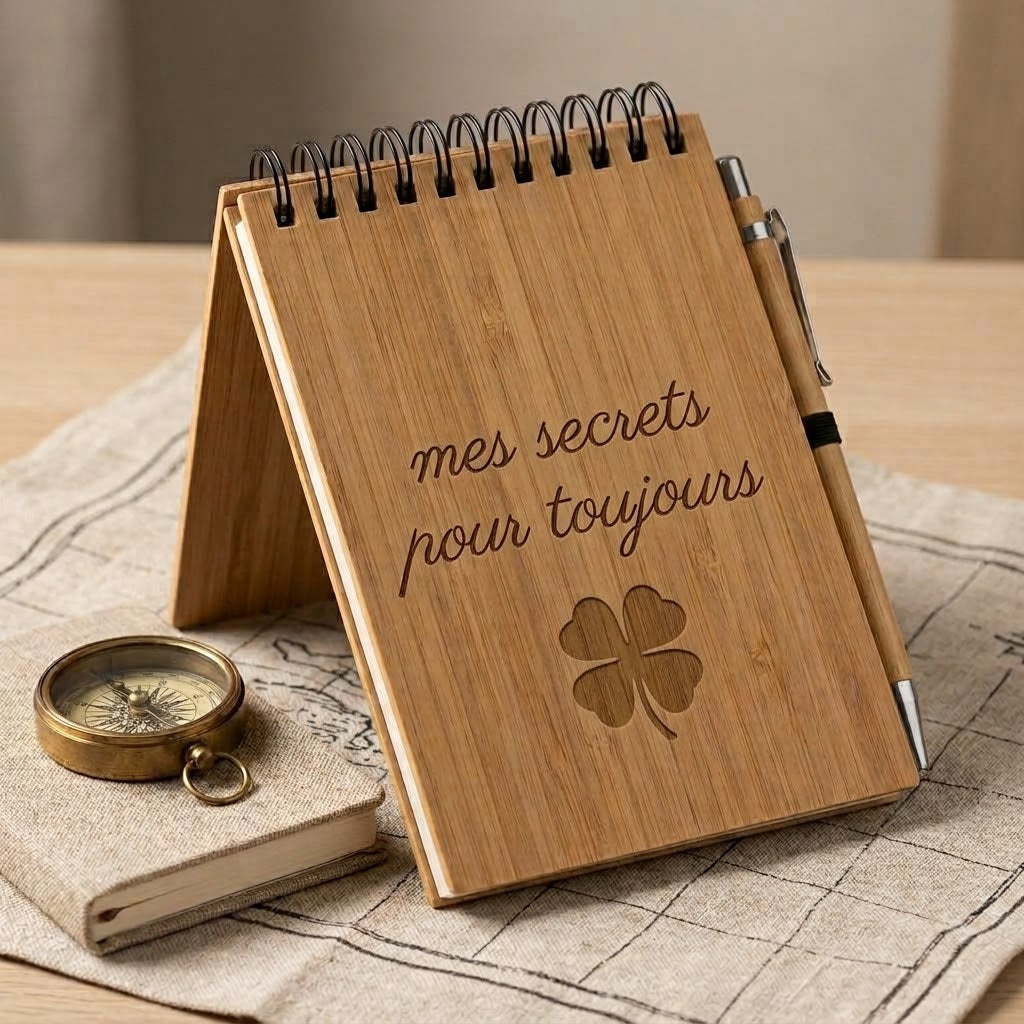 Carnet en bambou gravé « mes secrets pour toujours » avec un trèfle à quatre feuilles, stylo assorti – Weastyle Gravure