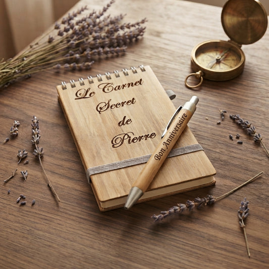 Carnet de poche en bambou gravé d'un titre et stylo en bambou assorti gravé – Weastyle Gravure