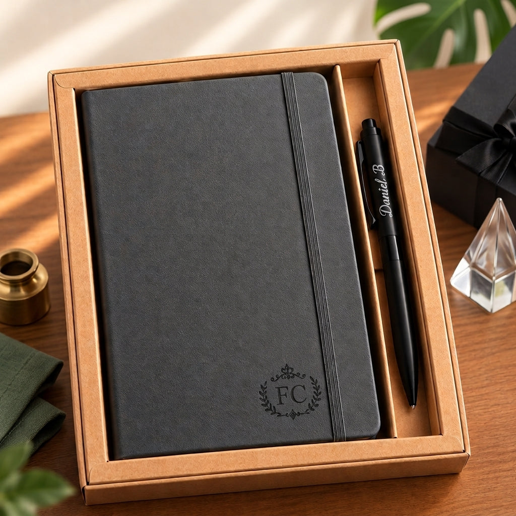 Coffret kraft ouvert avec un carnet gris gravé des initiales FC et un stylo noir gravé Daniel.B – Weastyle Gravure