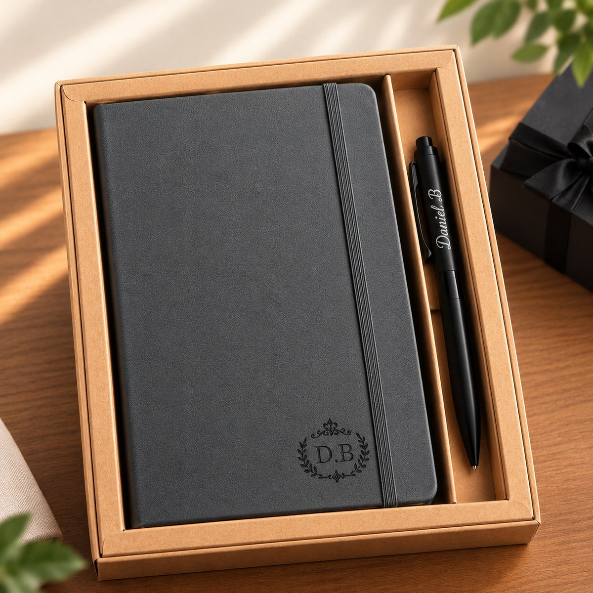 Carnet gris gravé du monogramme D.B et stylo noir gravé Daniel.B, présentés côte à côte dans leur coffret kraft – Weastyle Gravure
