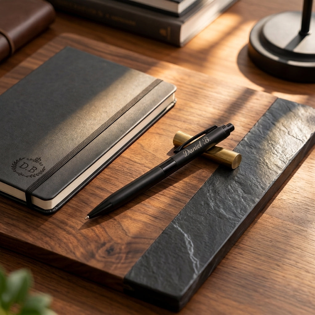 Carnet gravé du monogramme D.B et stylo noir gravé Daniel B. posés sur un bureau en bois – Weastyle Gravure