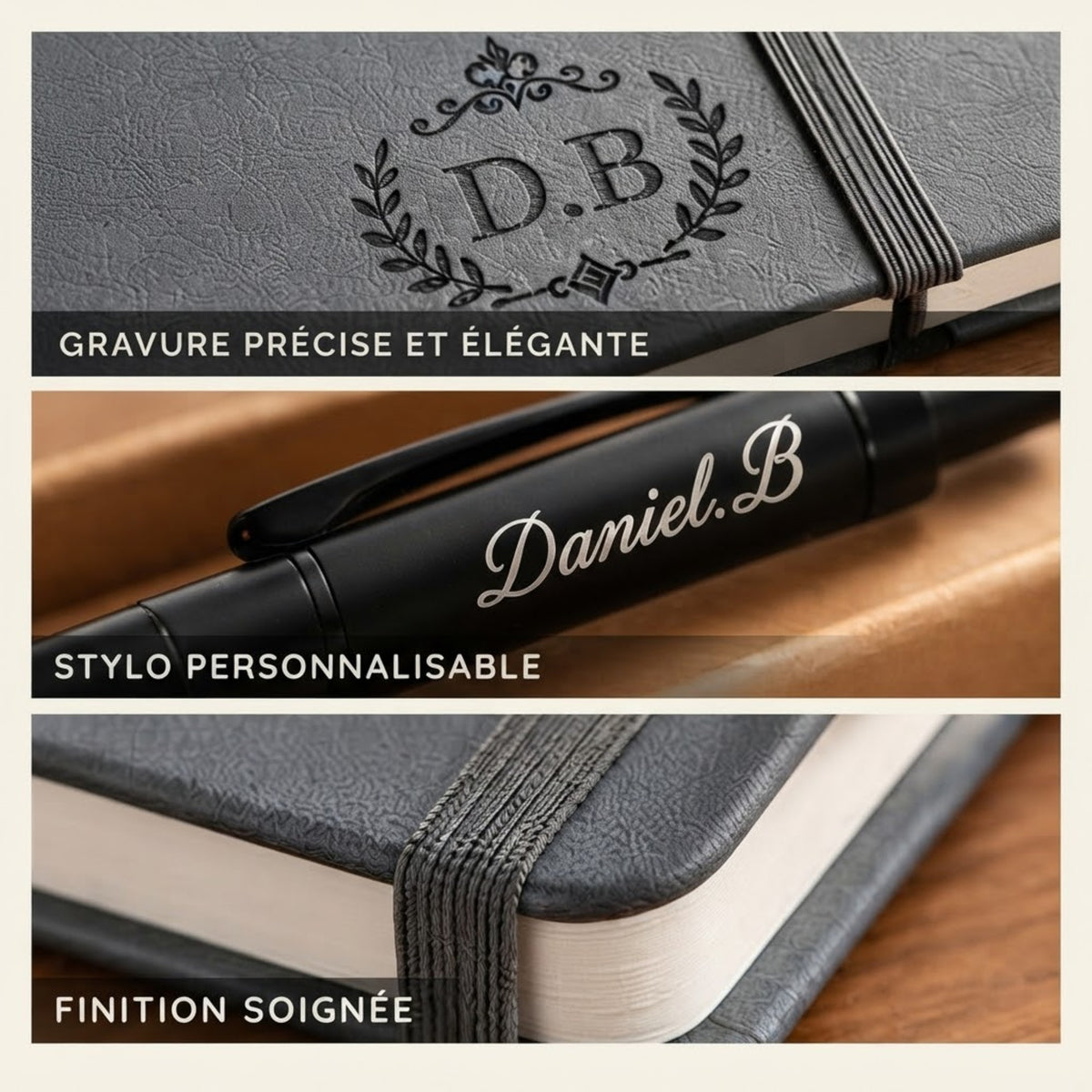 Gros plans du carnet gris gravé du monogramme D.B, du stylo noir gravé du prénom Daniel.B et de la finition du carnet avec son élastique – Weastyle Gravure