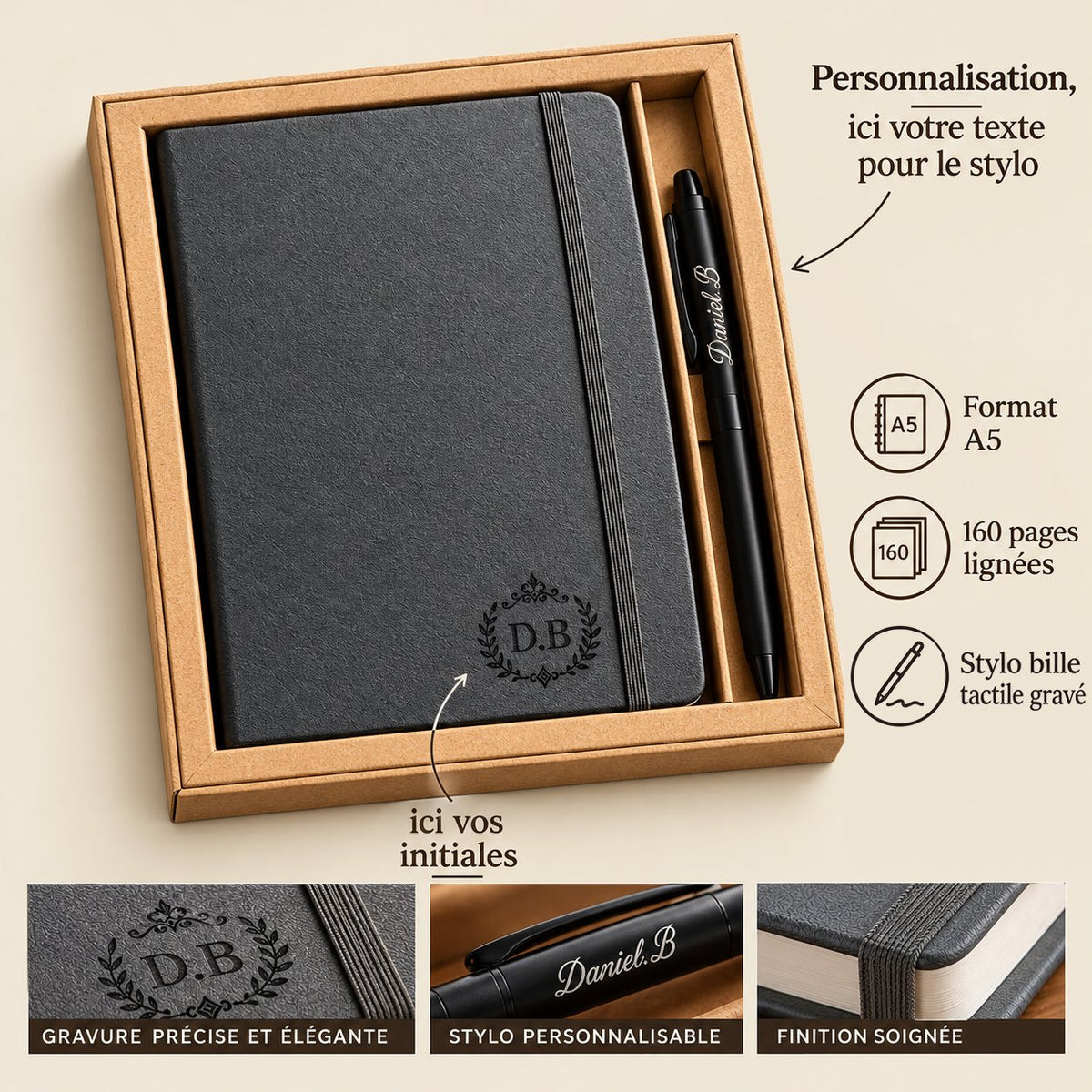 Coffret kraft avec un carnet gris gravé des initiales D.B et un stylo noir gravé Daniel.B, format A5, 160 pages lignées, emplacements de personnalisation et gros plans de la gravure – Weastyle Gravure