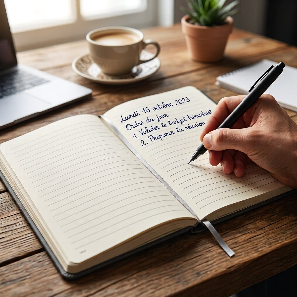 Carnet ouvert sur ses pages lignées, une main écrit à l'encre bleue avec le stylo noir – Weastyle Gravure