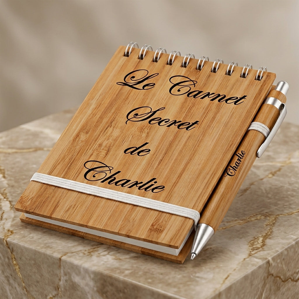 Carnet de poche en bambou gravé « Le Carnet Secret de Charlie » et son stylo assorti gravé « Charlie » – Weastyle Gravure
