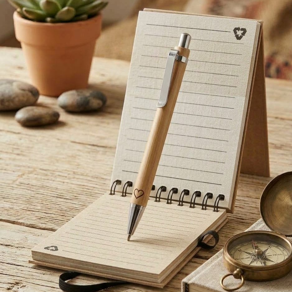Carnet de poche ouvert, pages lignées en papier recyclé, et stylo en bambou gravé d'un cœur – Weastyle Gravure