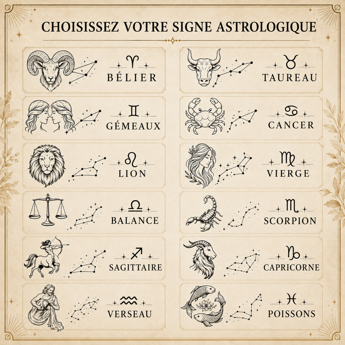 Les 12 signes du zodiaque gravables sur le coffret : Bélier, Taureau, Gémeaux, Cancer, Lion, Vierge, Balance, Scorpion, Sagittaire, Capricorne, Verseau, Poissons – Weastyle Gravure
