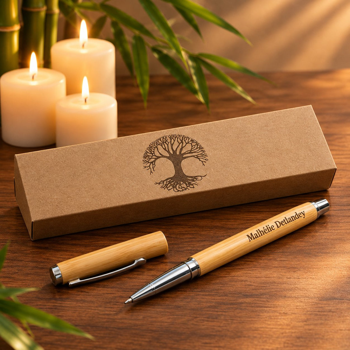Coffret kraft gravé d'un arbre de vie et stylo en bambou gravé d'un prénom, capuchon posé à côté, entourés de bougies et de bambou – Weastyle Gravure