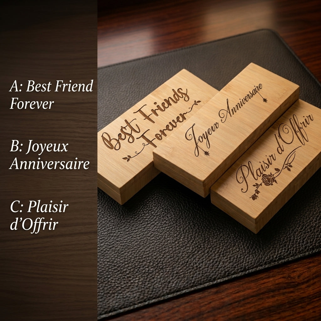 Trois modèles illustrés gravés sur le coffret en bambou : Best Friends Forever, Joyeux Anniversaire et Plaisir d'Offrir avec une rose – Weastyle Gravure