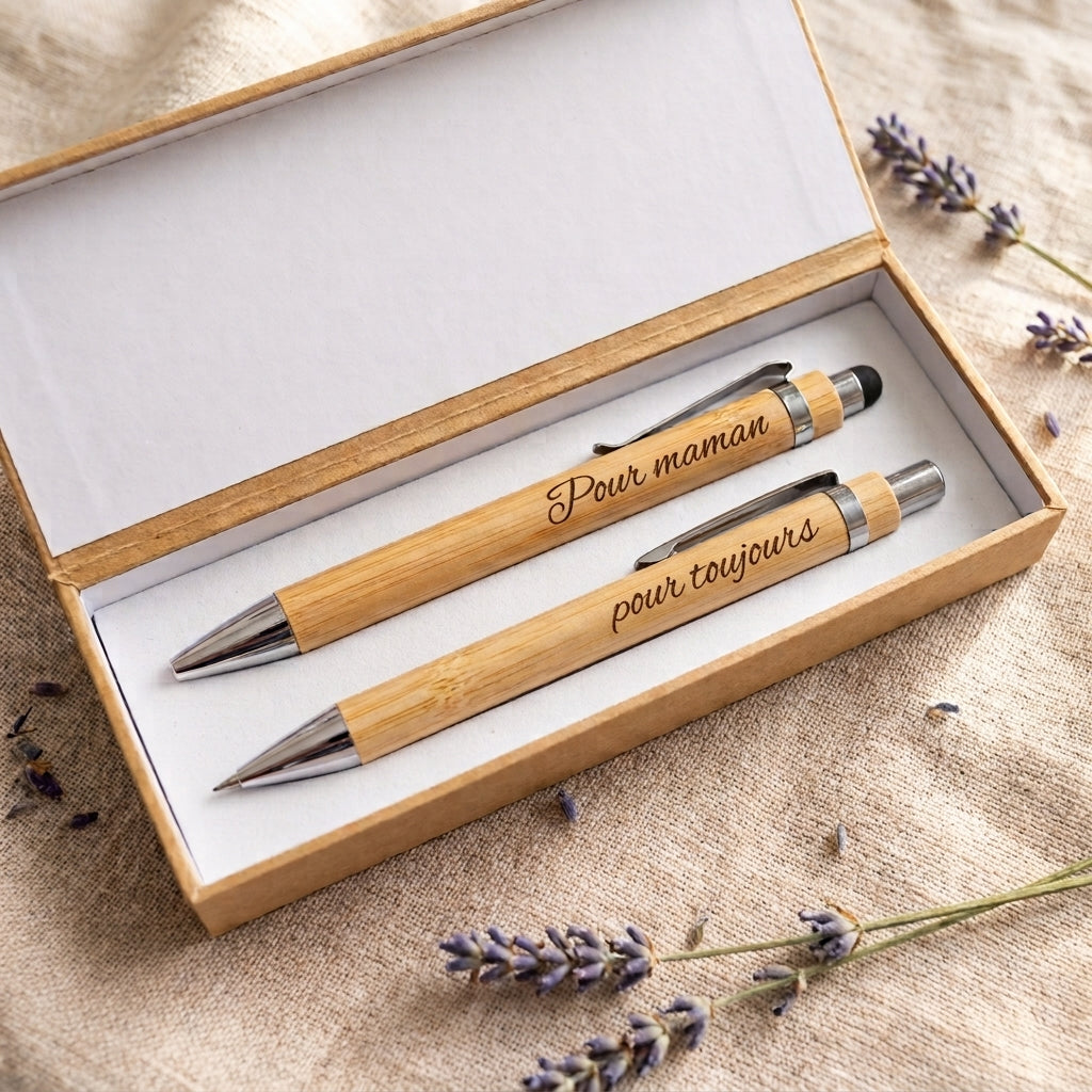 Coffret duo ouvert, stylo à embout tactile gravé « Pour maman » et porte-mine gravé « pour toujours » sur mousse blanche – Weastyle Gravure