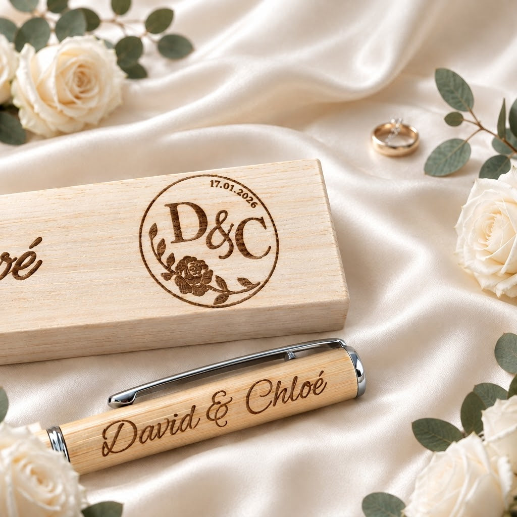 Gros plan du médaillon gravé aux initiales des mariés et à la date du mariage sur le coffret en bois, avec stylo bambou gravé
