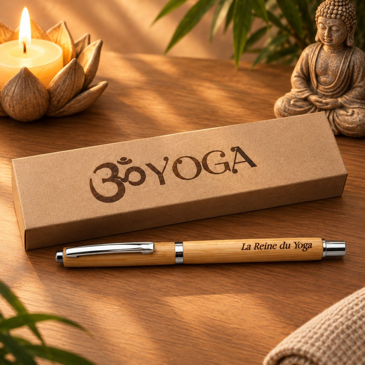 Coffret kraft gravé « Om Yoga » et stylo en bambou gravé « La Reine du Yoga », posés sur une table en bois – Weastyle Gravure
