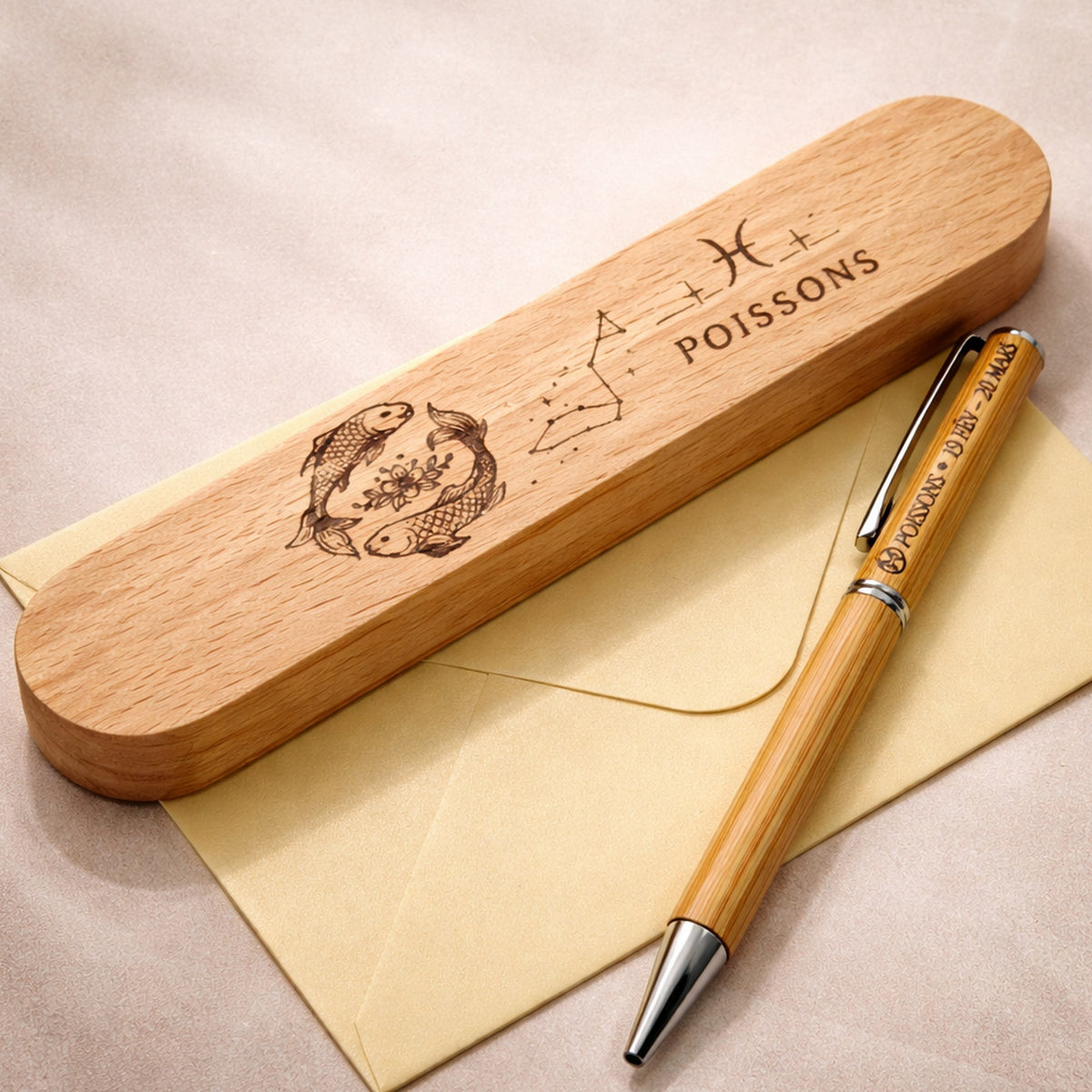 Coffret en bois gravé du signe Poissons et stylo à clip métal gravé « Poissons, 19 fév – 20 mars », posés sur une enveloppe – Weastyle Gravure