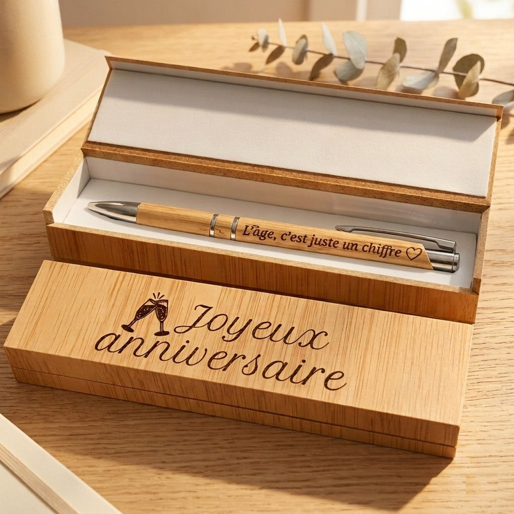 Coffret stylo bambou ouvert, couvercle gravé « Joyeux anniversaire » avec deux coupes de champagne, et stylo en bambou gravé « L'âge, c'est juste un chiffre » – Weastyle Gravure