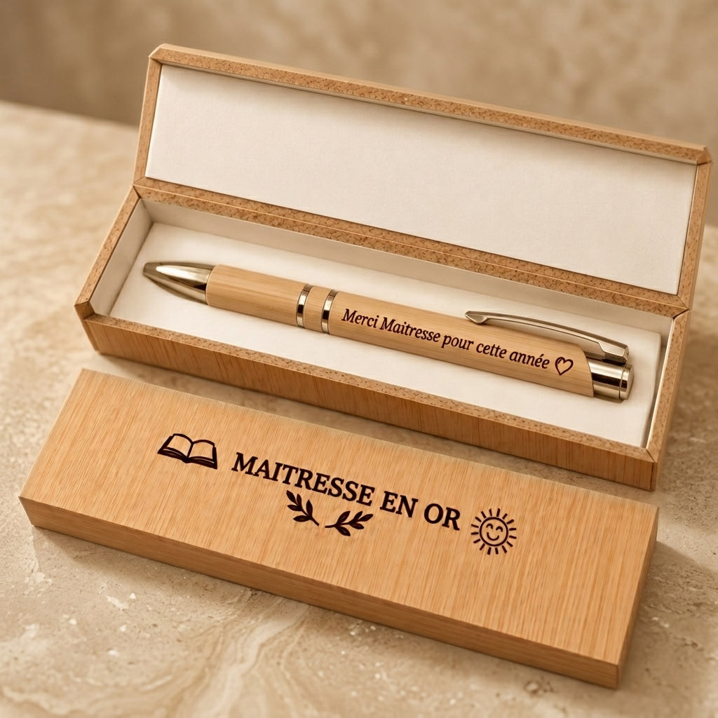 Coffret stylo bambou gravé « Maîtresse en or » avec stylo gravé « Merci Maîtresse pour cette année » – Weastyle Gravure