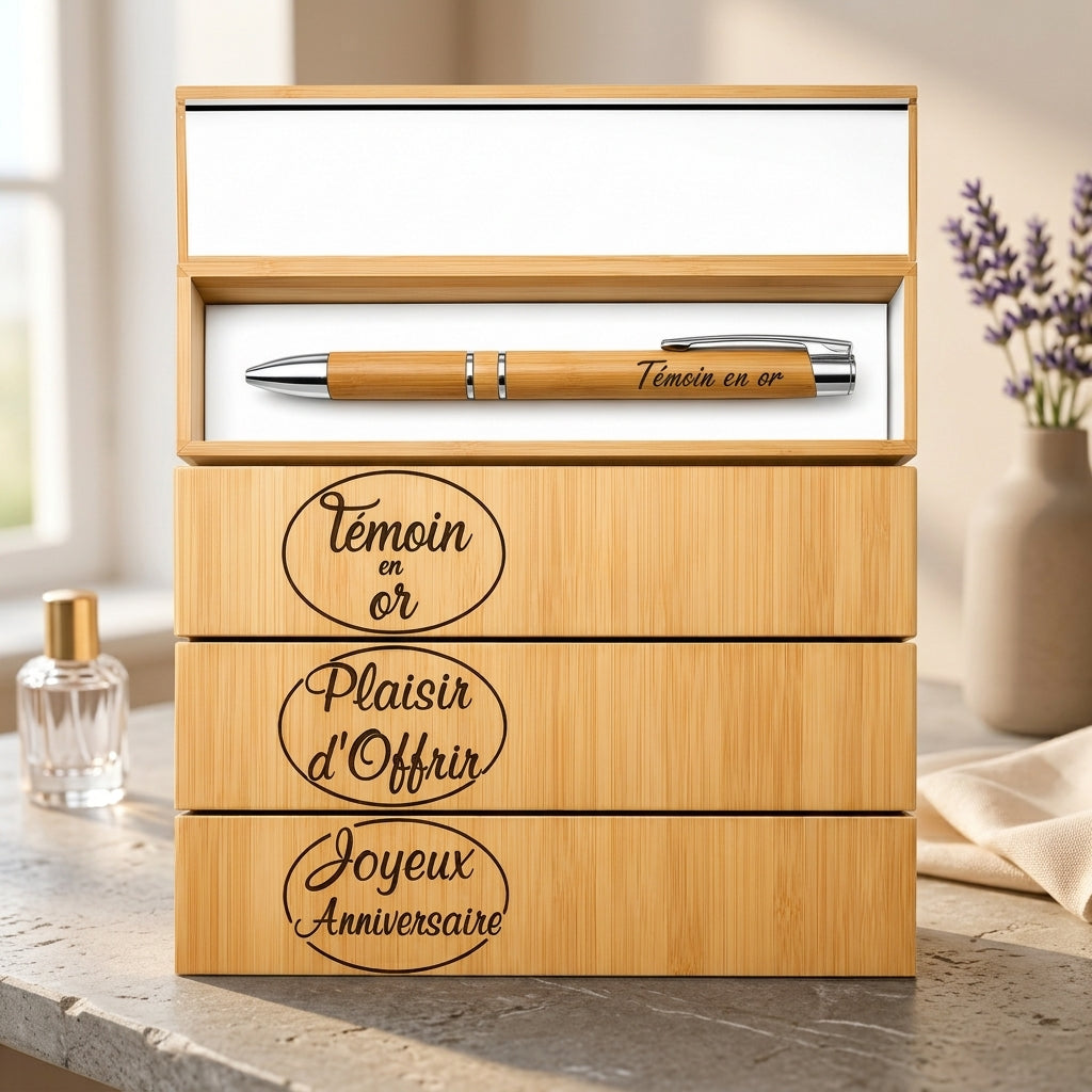 Coffret stylo bambou ouvert avec stylo gravé « Témoin en or », posé sur trois coffrets gravés « Témoin en or », « Plaisir d'Offrir » et « Joyeux Anniversaire » – Weastyle Gravure
