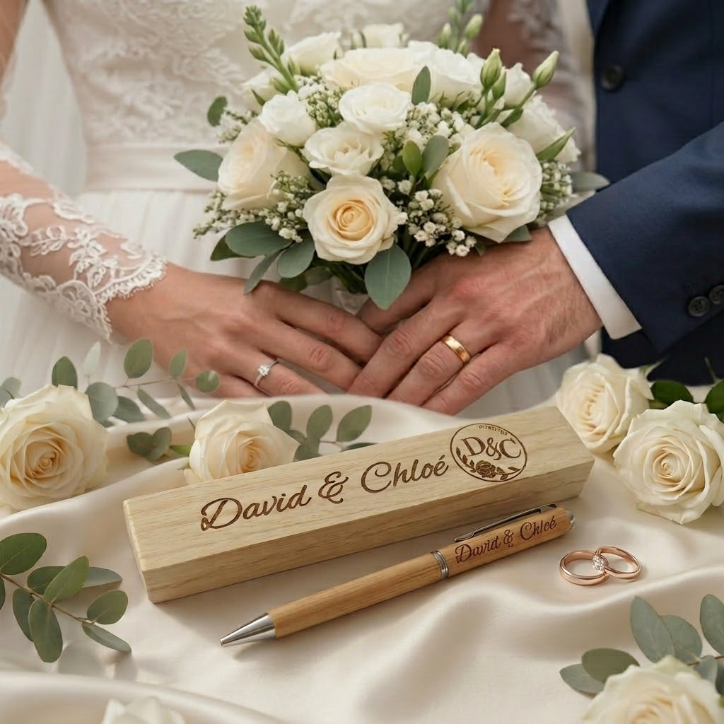 Coffret stylo personnalisé gravé aux prénoms des mariés, idée de cadeau pour les mariés et les invités