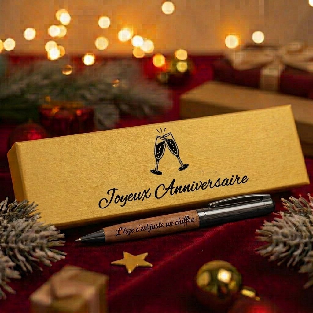 Coffret doré gravé « Joyeux Anniversaire » avec coupes de champagne et stylo premium bois et acier gun gravé « L'âge c'est juste un chiffre » – Weastyle Gravure