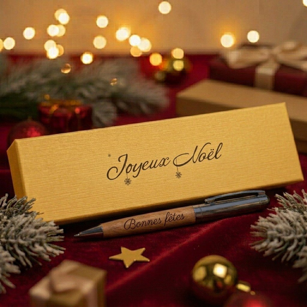 Coffret doré gravé « Joyeux Noël » et stylo premium bois et acier gun gravé « Bonnes fêtes » – Weastyle Gravure