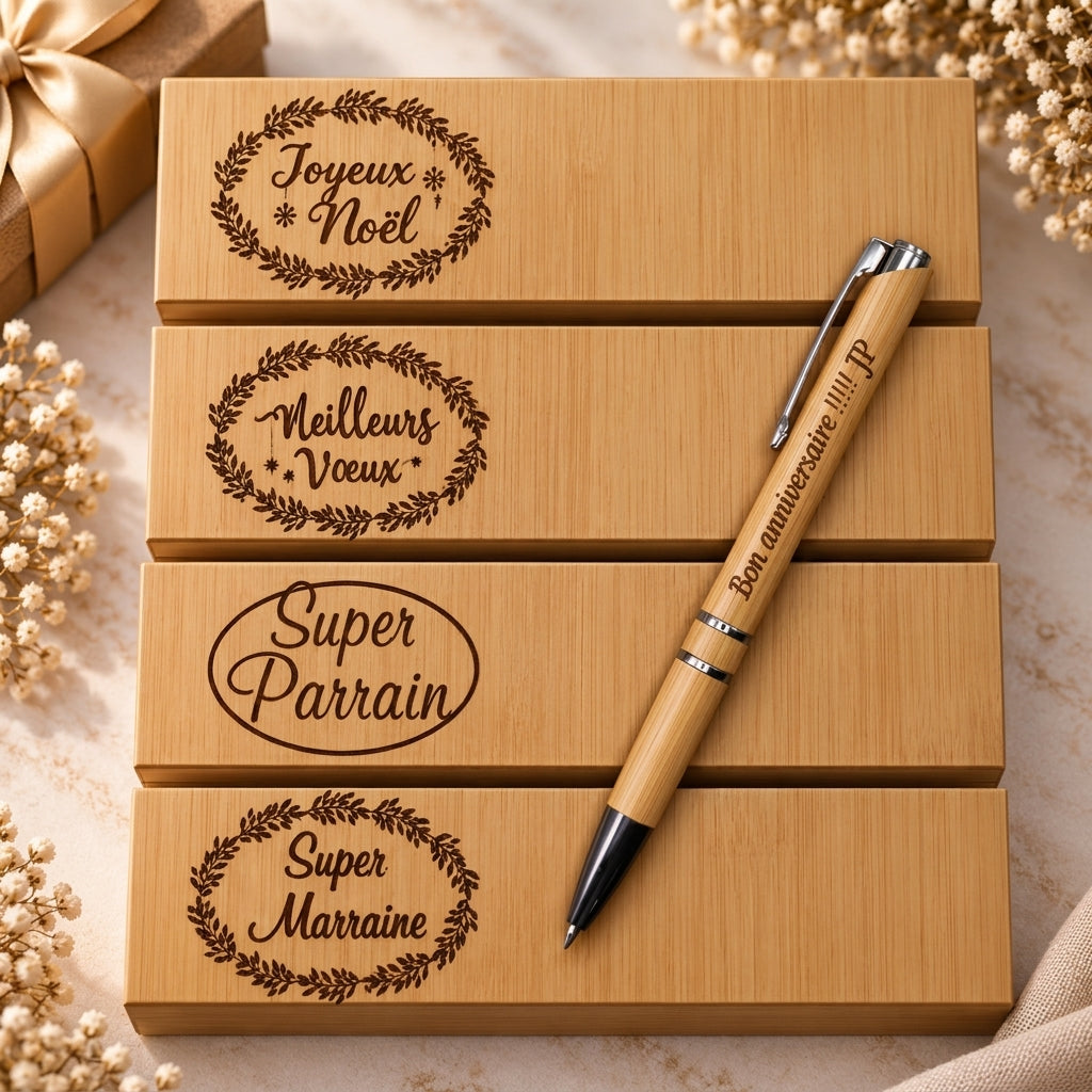 Quatre coffrets bambou gravés « Joyeux Noël », « Meilleurs Vœux », « Super Parrain » et « Super Marraine » avec un stylo en bambou gravé – Weastyle Gravure