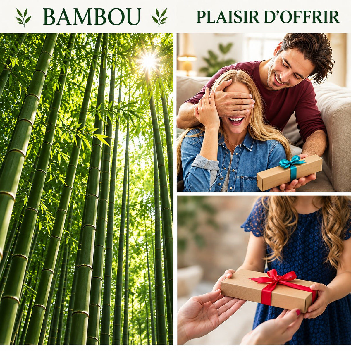 Collage « Bambou, plaisir d'offrir » : forêt de bambous et deux scènes de remise de cadeau – Weastyle Gravure