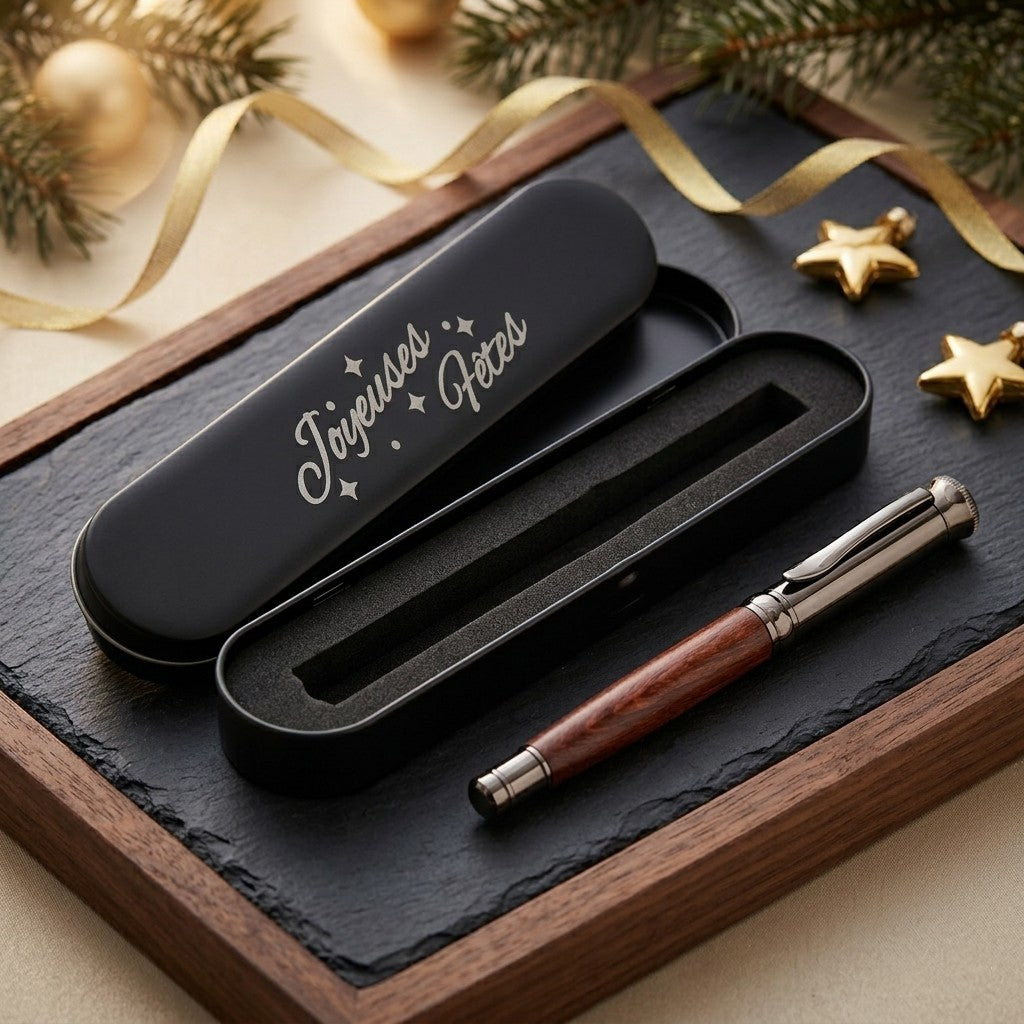 Écrin en métal noir ouvert, couvercle gravé « Joyeuses Fêtes », avec le stylo en bois à finitions métal gun posé sur une ardoise, décor de Noël – Weastyle Gravure