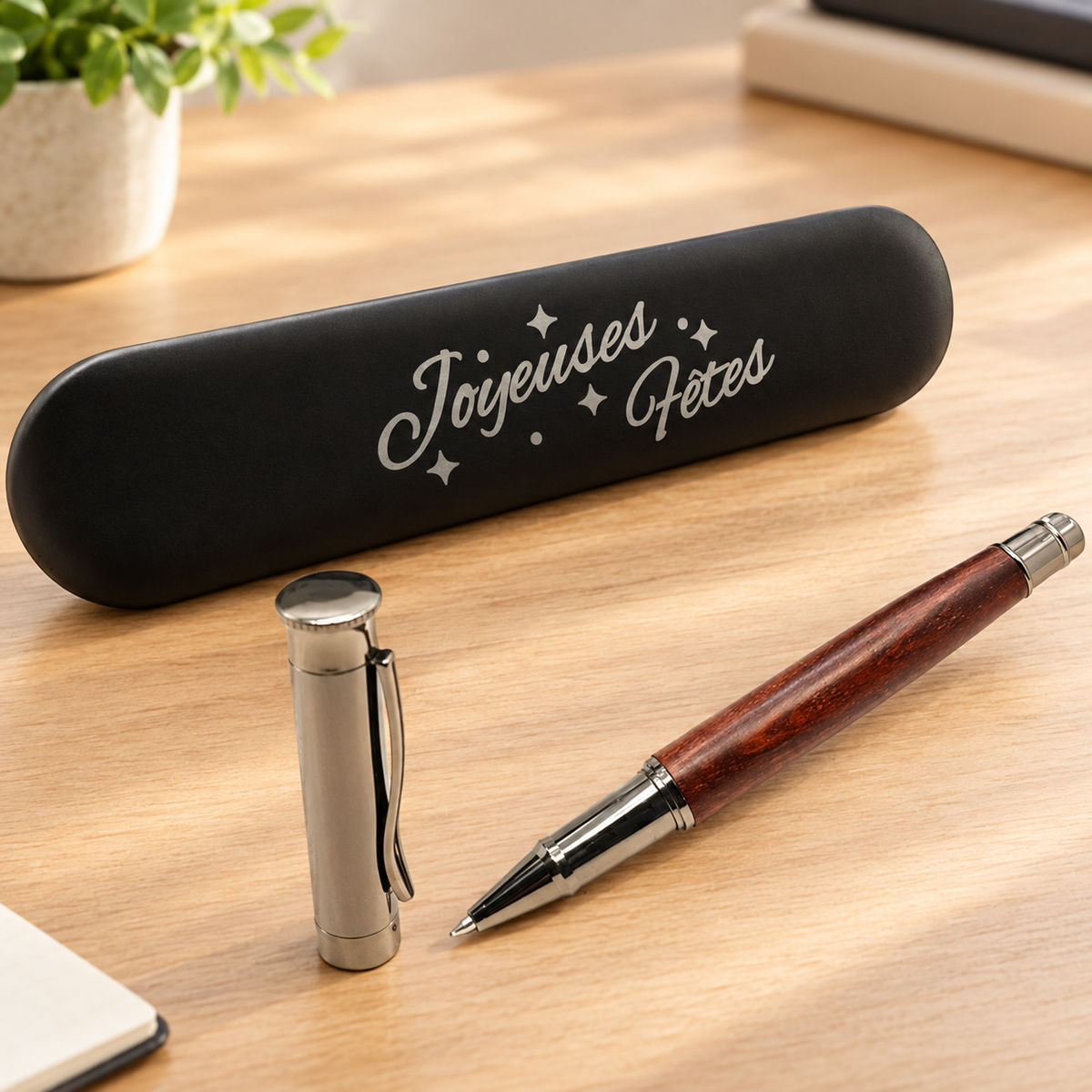 Écrin en métal noir gravé « Joyeuses Fêtes » avec le stylo en bois et son capuchon métal posés devant – Weastyle Gravure