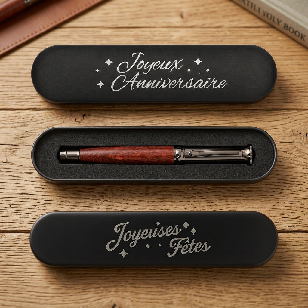 Trois écrins en métal noir : couvercle gravé « Joyeux Anniversaire », écrin ouvert avec stylo en bois, couvercle gravé « Joyeuses Fêtes » – Weastyle Gravure