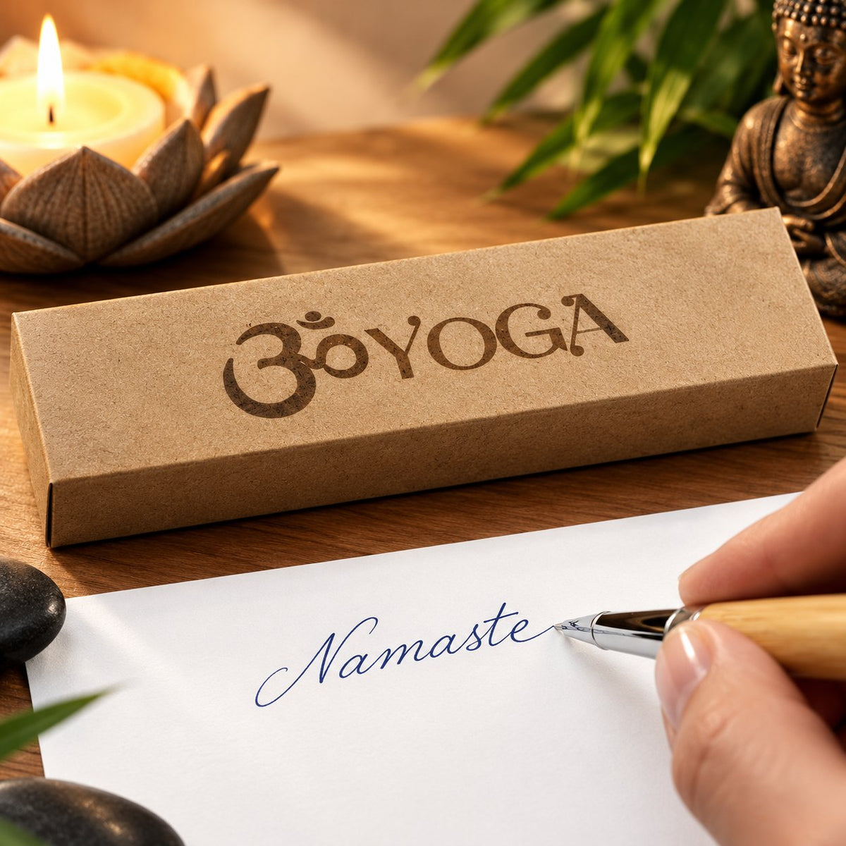 Main écrivant « Namaste » à l'encre bleue sur une feuille, devant un coffret kraft gravé « Om Yoga » – Weastyle Gravure