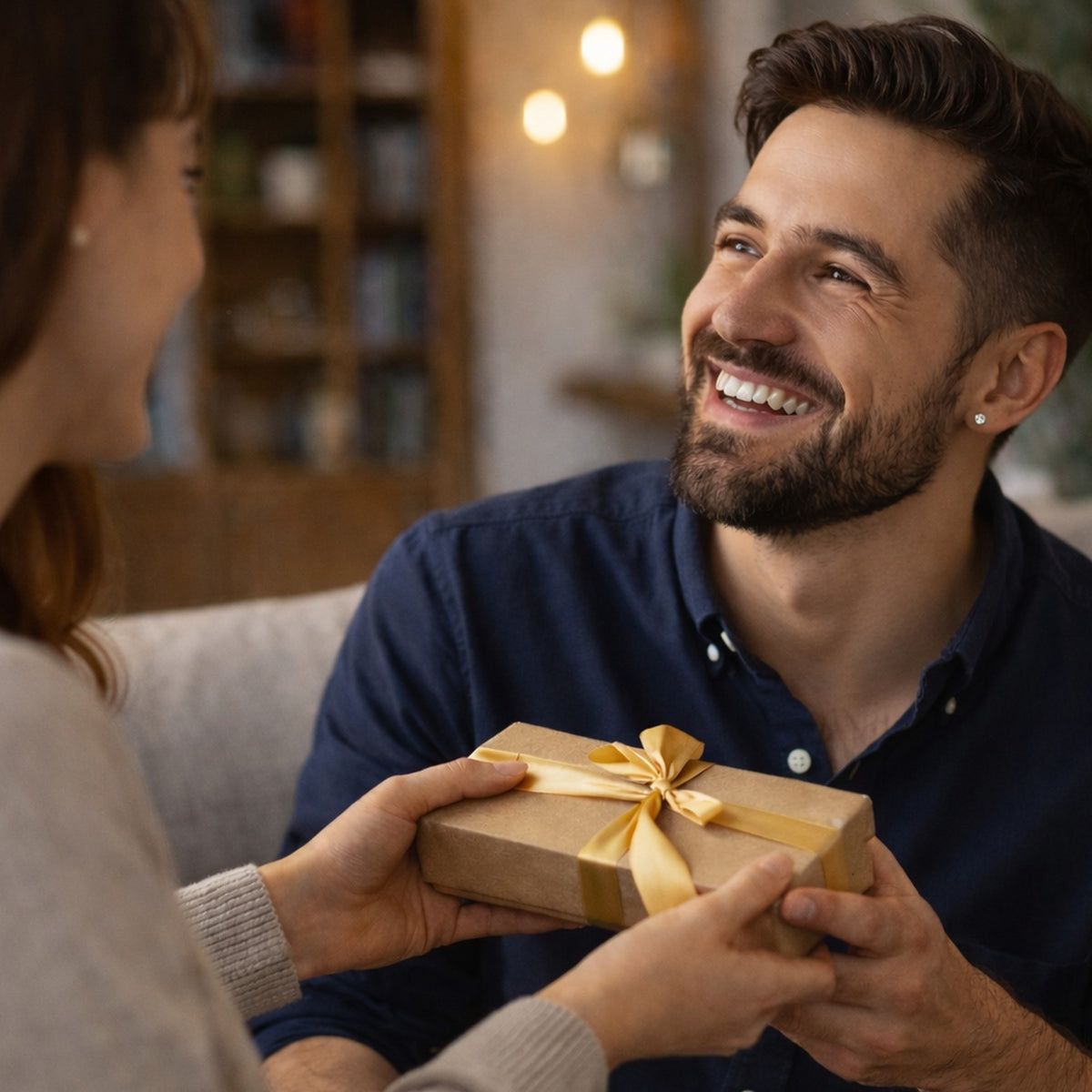 Femme qui offre un coffret cadeau à ruban doré à un homme souriant – Weastyle Gravure