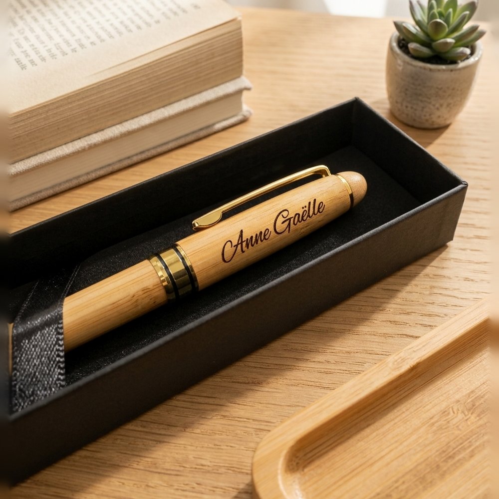 Gros plan sur la gravure « Anne Gaëlle » du stylo en bambou dans son coffret noir – Weastyle Gravure