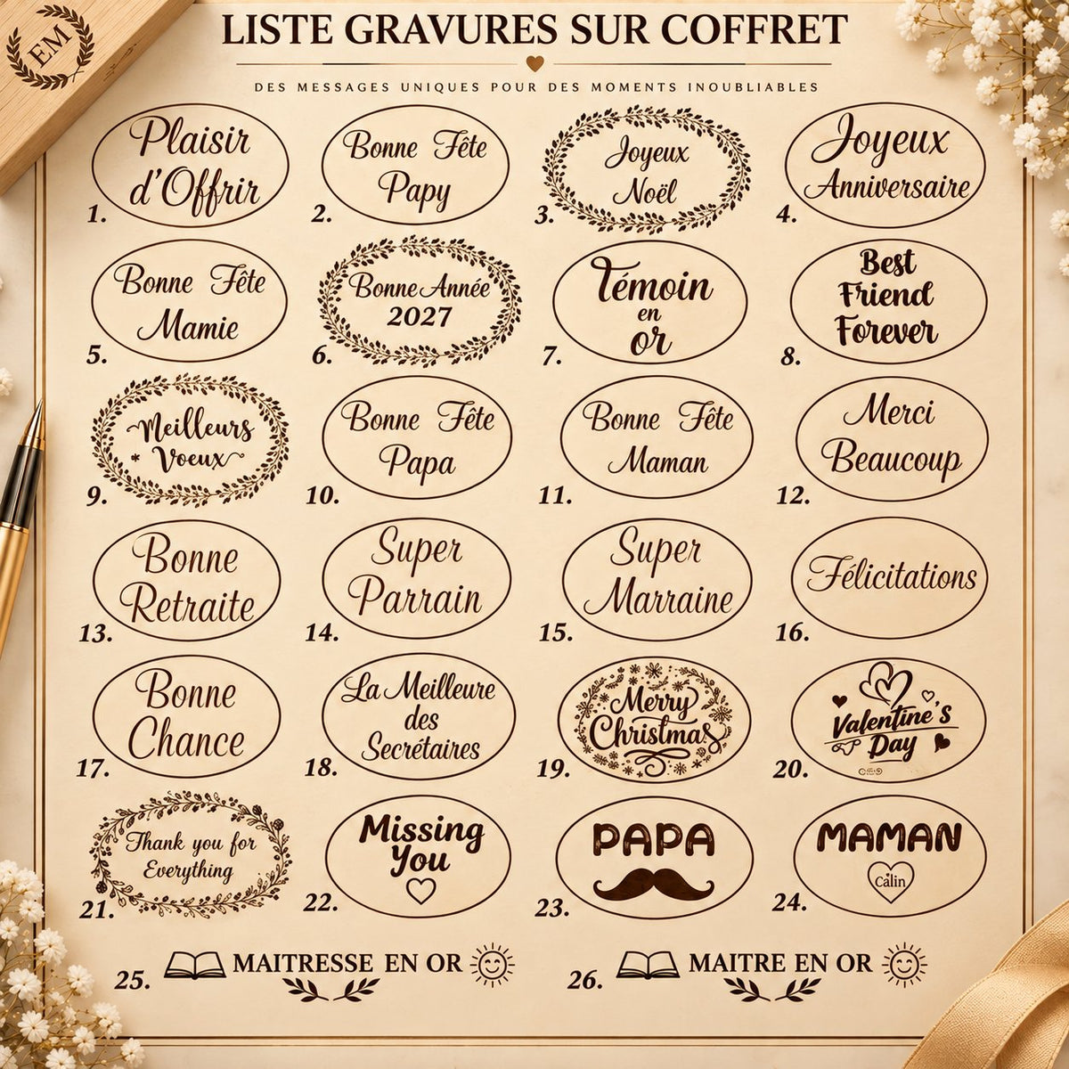 Liste des 26 modèles de gravure du coffret : Plaisir d'Offrir, Joyeux Anniversaire, Joyeux Noël, Bonne Année 2027, Bonne Retraite, Témoin en or, Maîtresse en or et autres – Weastyle Gravure
