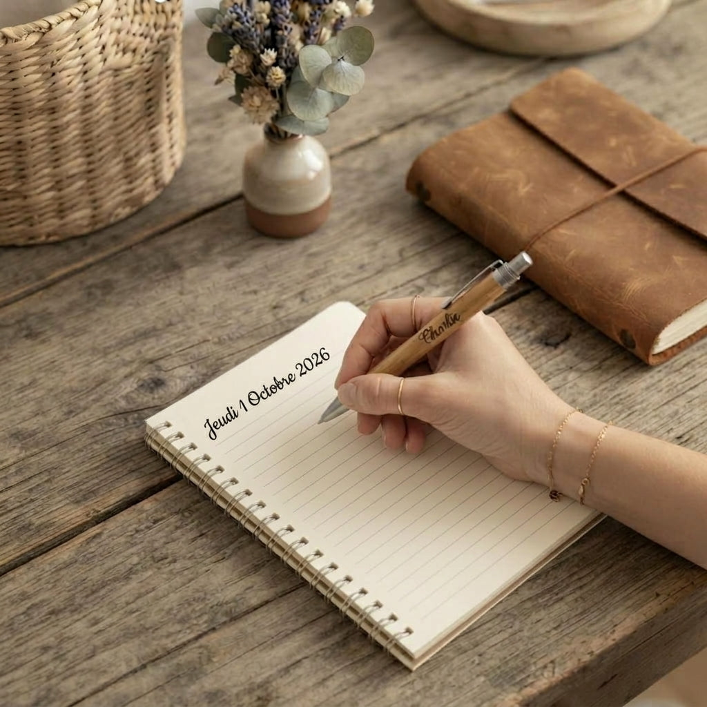 Main écrivant la date dans le carnet de poche avec le stylo en bambou gravé « Charlie » – Weastyle Gravure