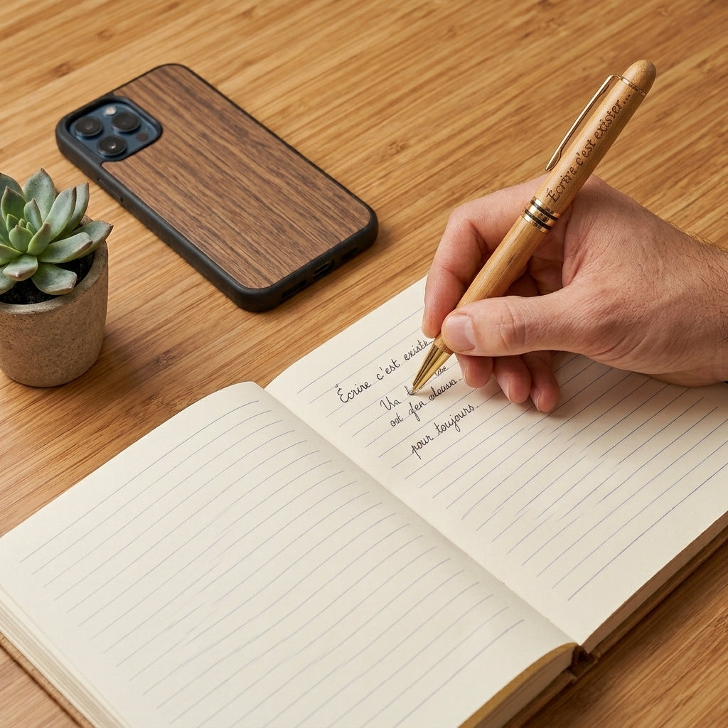 Main écrivant dans un carnet avec le stylo en bois doré gravé « Écrire c'est exister… » – Weastyle Gravure