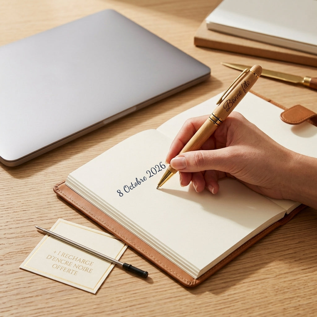 Main écrivant dans un carnet avec le stylo en bambou gravé « Bonne fête » – Weastyle Gravure