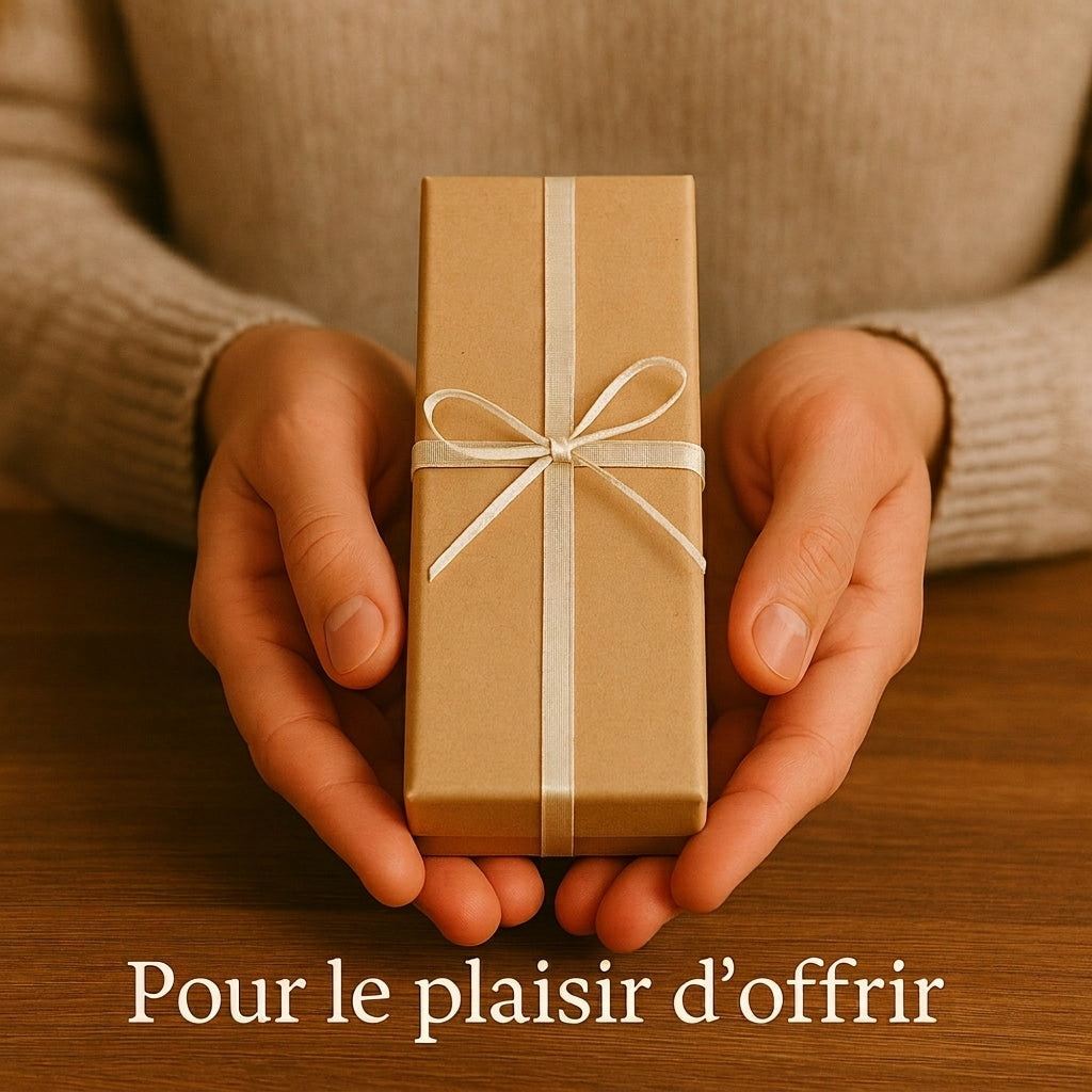 Mains tenant un paquet cadeau en papier kraft noué d'un ruban – Weastyle Gravure